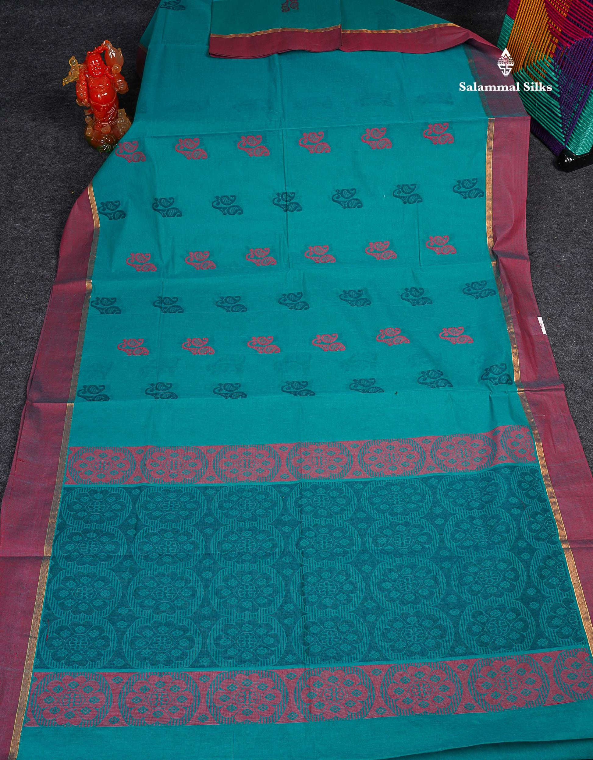 Pure Cotton Saree - Teal green Colour Body Thread Work Butta With Dual Tone Maroon Plain Border