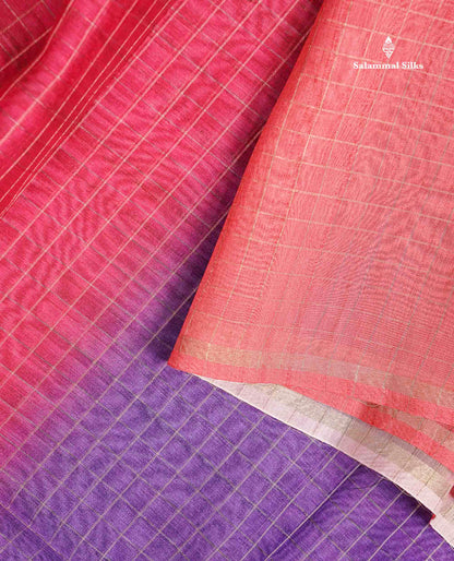 Beautiful Multicolour Checks Fancy Cotton Mix Saree With Contrast Kalamkari Blouse
