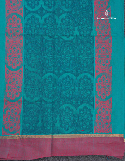 Pure Cotton Saree - Teal Blue Colour Body Thread Work Butta With Dual Tone Maroon Plain Border