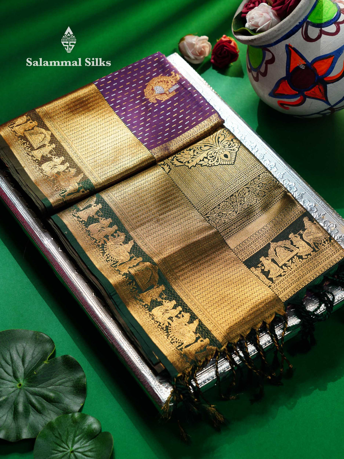 Beautiful Dark Purple Silver & Gold Zari  Semi Soft Silk Saree With Contrast Bottle Green Traditional Pallaku  Evening Morning Border
