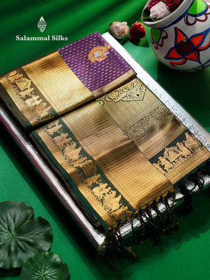 Beautiful Dark Purple Silver & Gold Zari  Semi Soft Silk Saree With Contrast Bottle Green Traditional Pallaku  Evening Morning Border