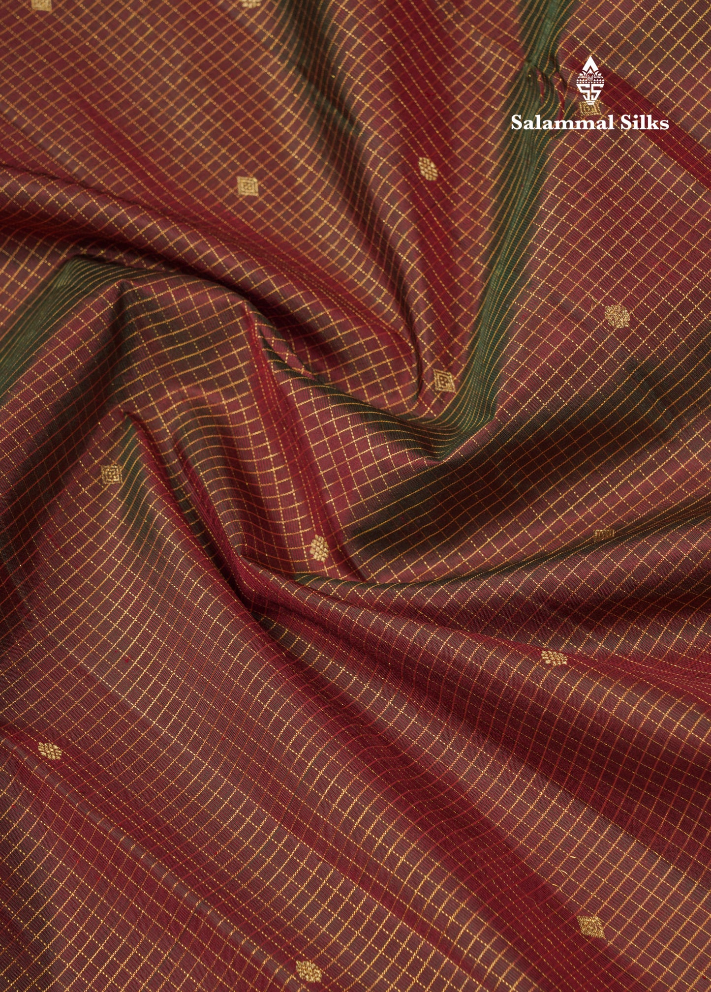 Dual Tone Maroon Tiny Checks Pure Kanjivaram Silk Saree With Traditional Temple Border