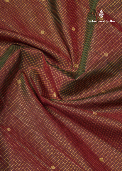 Dual Tone Maroon Tiny Checks Pure Kanjivaram Silk Saree With Traditional Temple Border