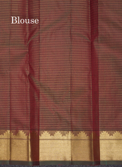 Dual Tone Maroon Tiny Checks Pure Kanjivaram Silk Saree With Traditional Temple Border