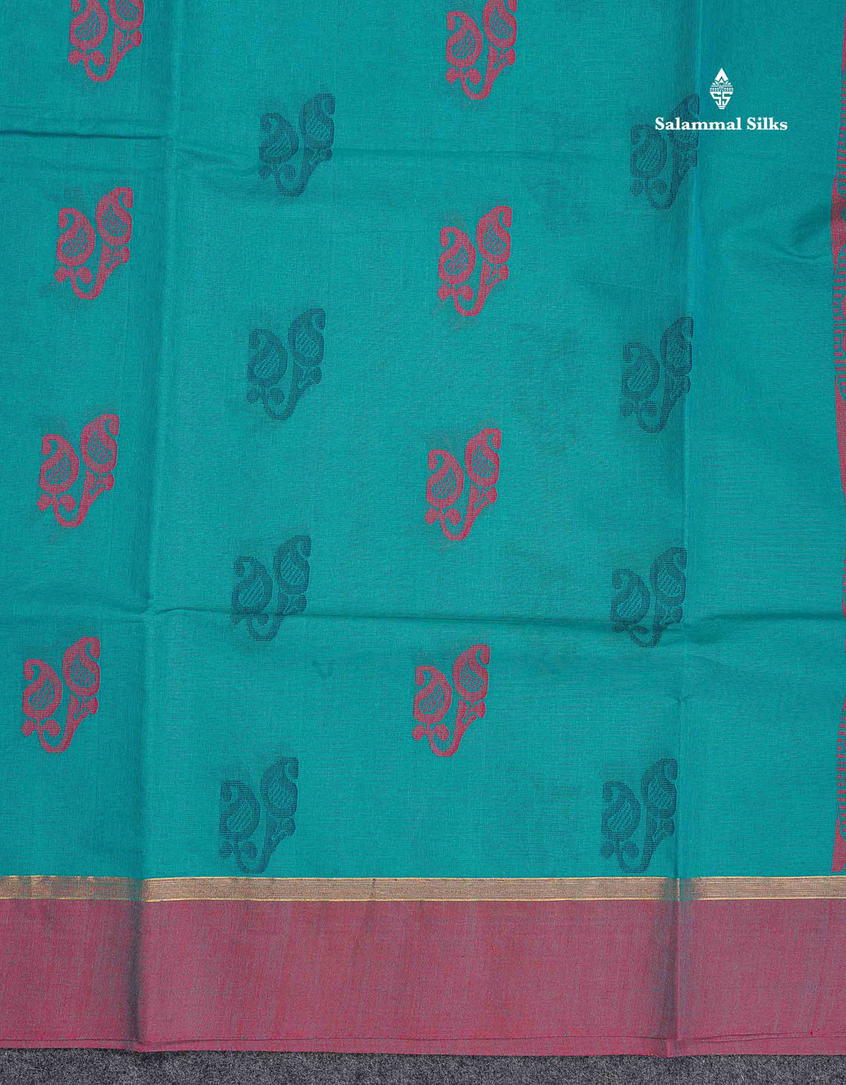 Pure Cotton Saree - Teal Blue Colour Body Thread Work Butta With Dual Tone Maroon Plain Border