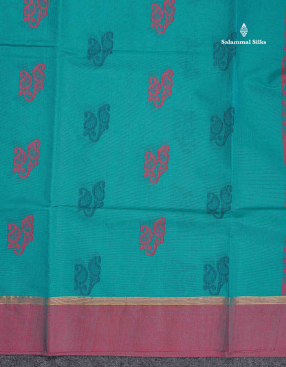 Pure Cotton Saree - Teal Blue Colour Body Thread Work Butta With Dual Tone Maroon Plain Border