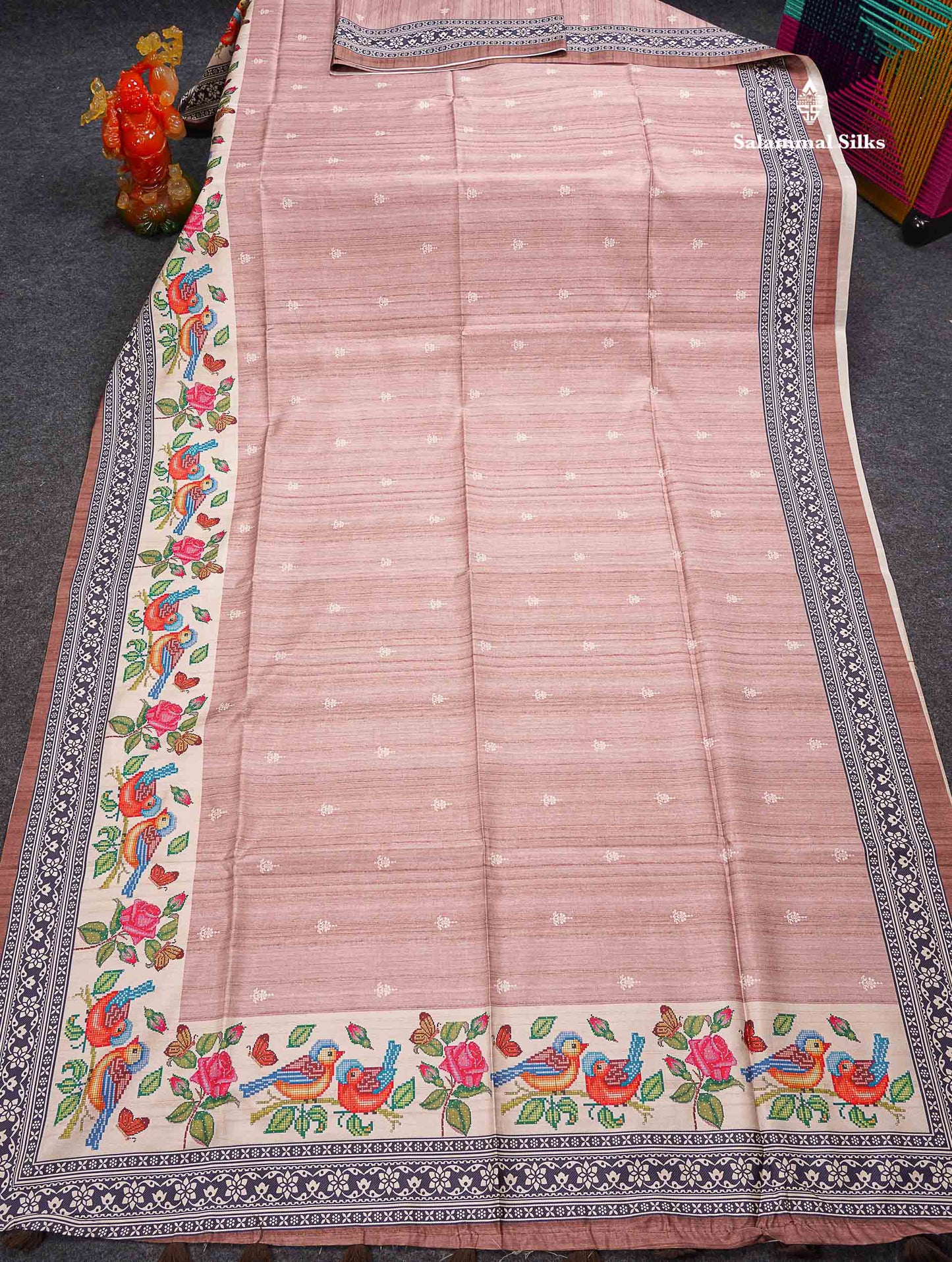 Beautiful Light Chocolate Semi Tussar Fancy Saree With Contrast Brown Blouse