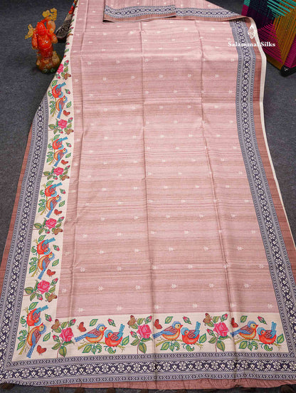 Beautiful Light Chocolate Semi Tussar Fancy Saree With Contrast Brown Blouse