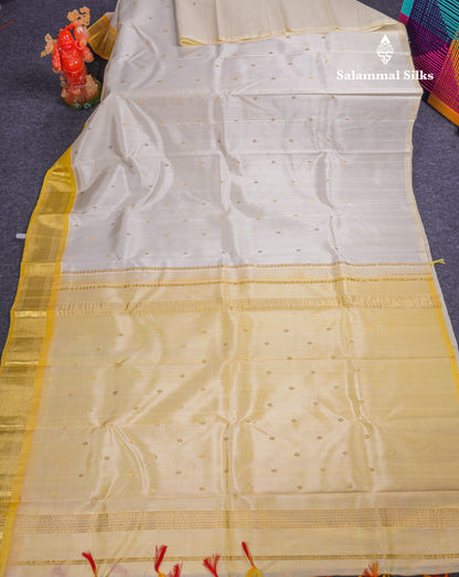 Beautiful Half White Pure Kanjivaram Silk Saree With Contrast Yellow One Side Border