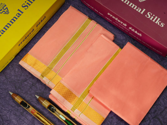 Pink Semi Silk Dhoti, Angavastram & Shirt (2.50M) with Gold Zari Border