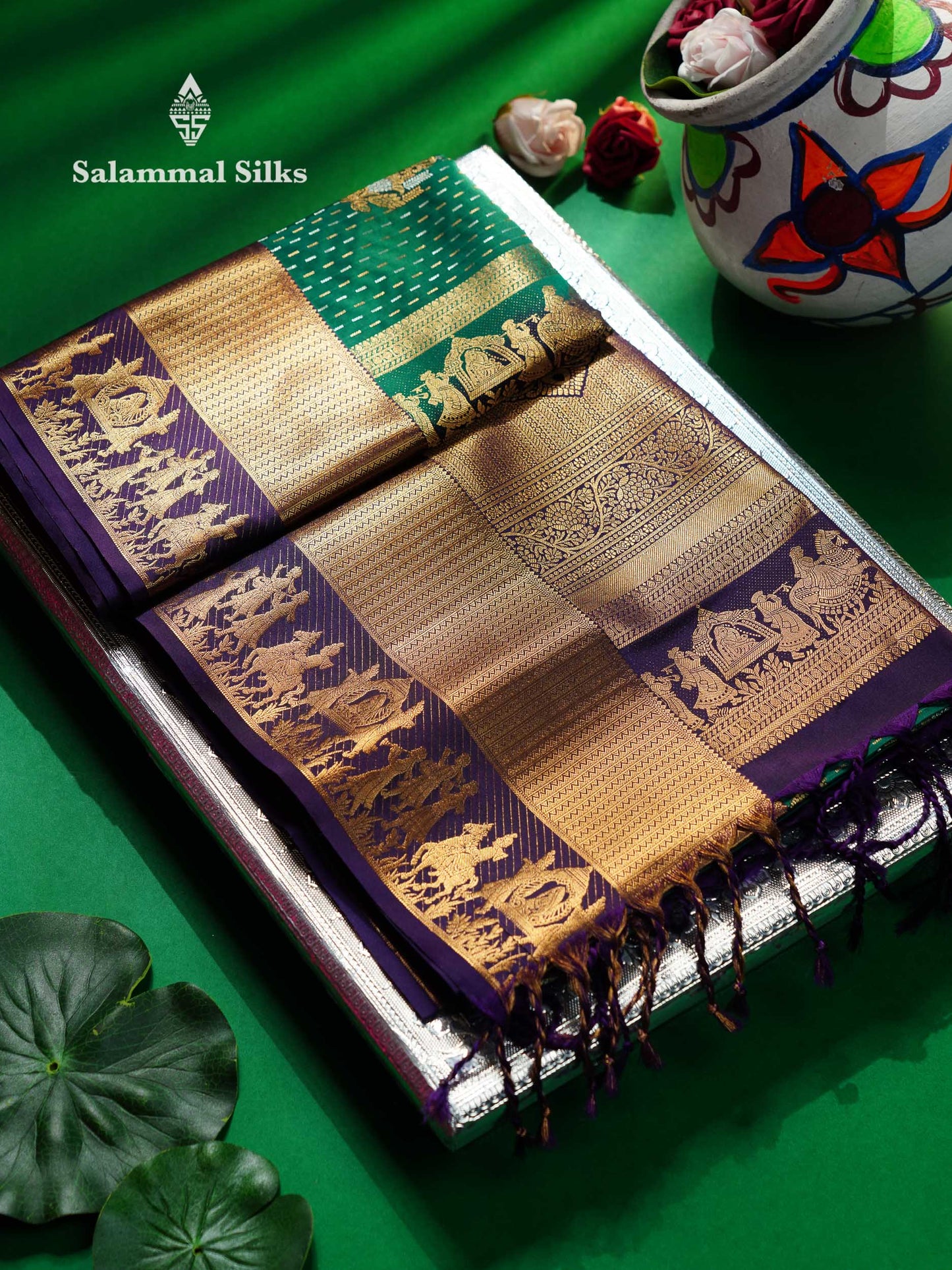 Beautiful Dark Purple Silver & Gold Zari  Semi Soft Silk Saree With Contrast Bottle Green Traditional Pallaku  Evening Morning Border