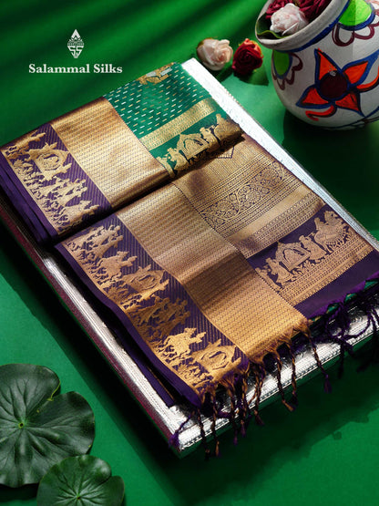 Beautiful Dark Purple Silver & Gold Zari  Semi Soft Silk Saree With Contrast Bottle Green Traditional Pallaku  Evening Morning Border