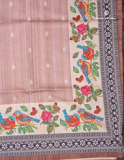 Beautiful Light Chocolate Semi Tussar Fancy Saree With Contrast Brown Blouse