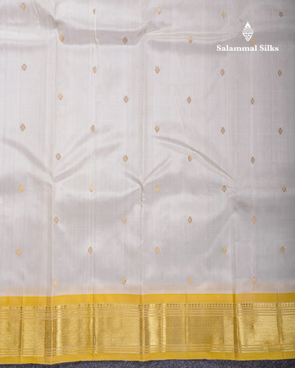 Beautiful Half White Pure Kanjivaram Silk Saree With Contrast Yellow One Side Border