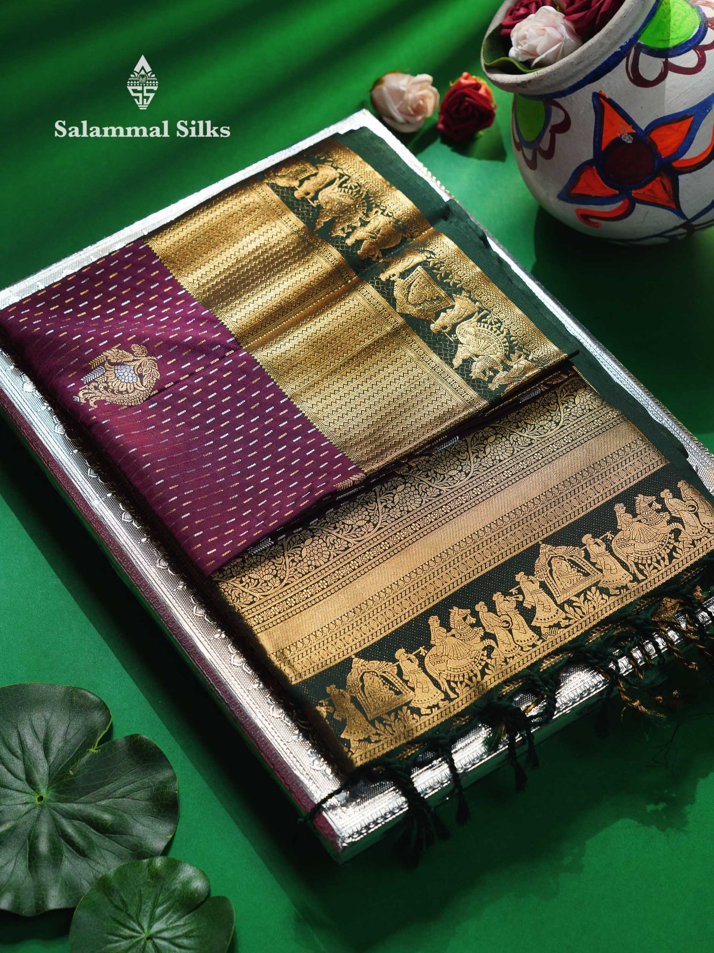 Beautiful Maroon Silver & Gold Zari Semi Soft Silk Saree With Contrast Bottle Green Traditional Pallaku  Evening Morning Border