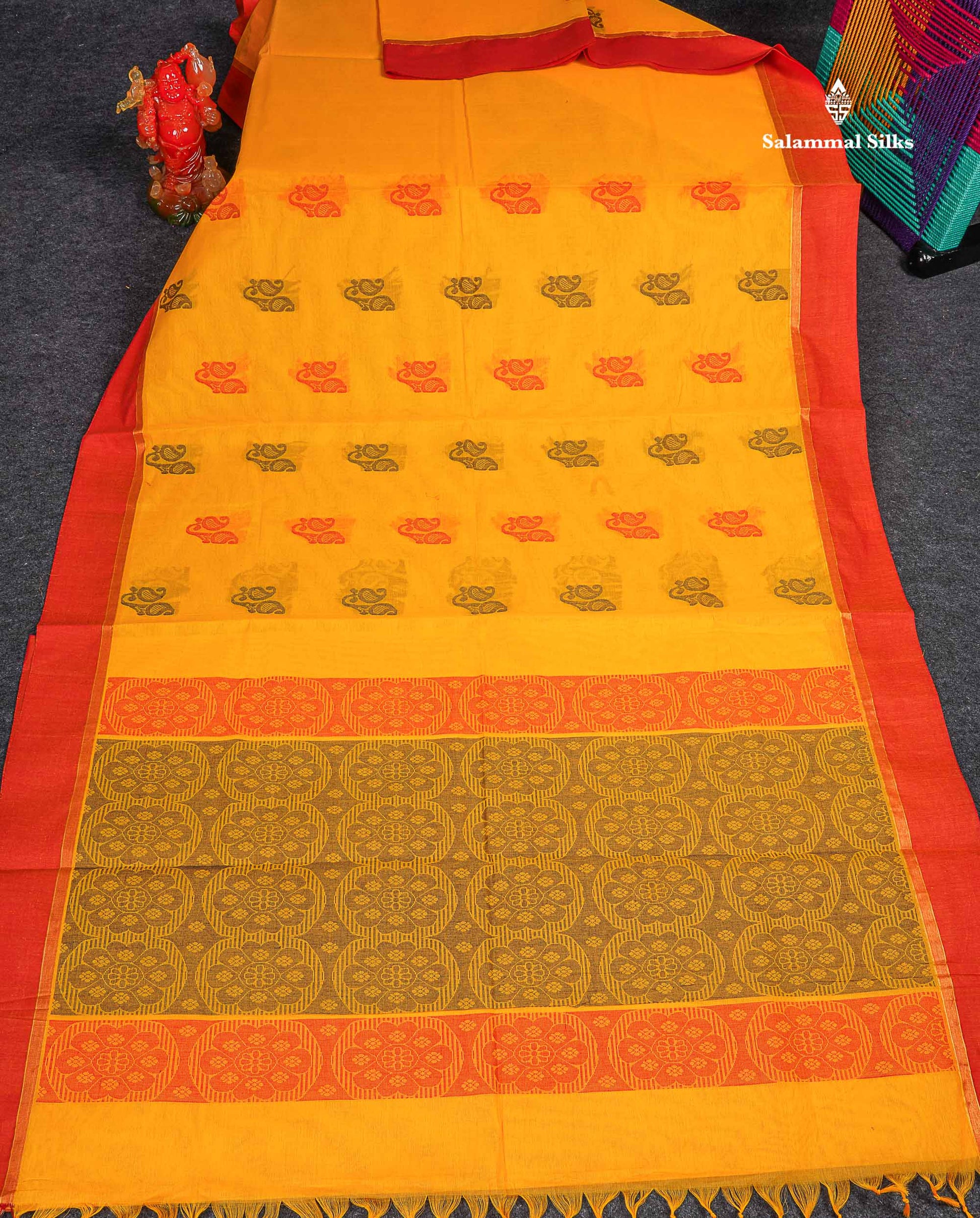 Pure Cotton Saree - Yellow Colour Body Thread Work Butta With Dual Tone Red Plain Border