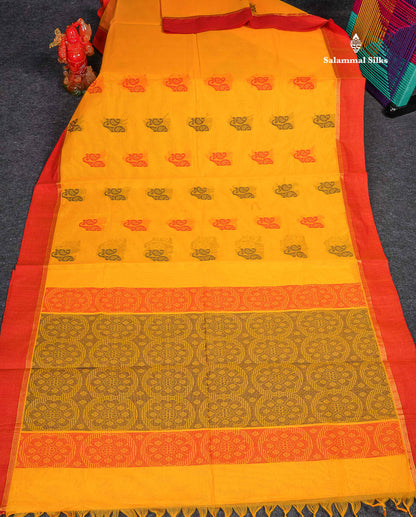 Pure Cotton Saree - Yellow Colour Body Thread Work Butta With Dual Tone Red Plain Border