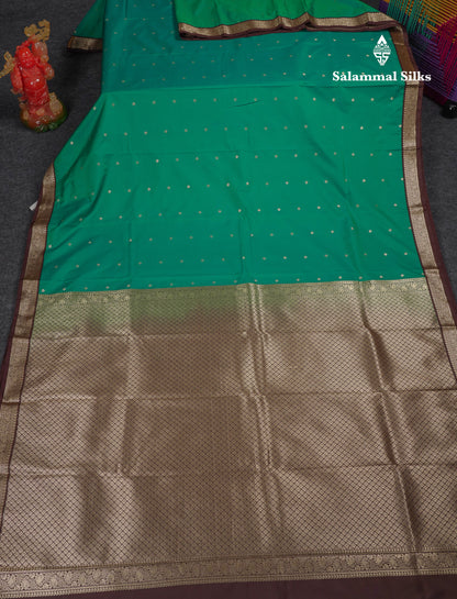 Beautiful Peacock Green Semi Silk Saree With Contrast Dark Brown Traditional Small Border