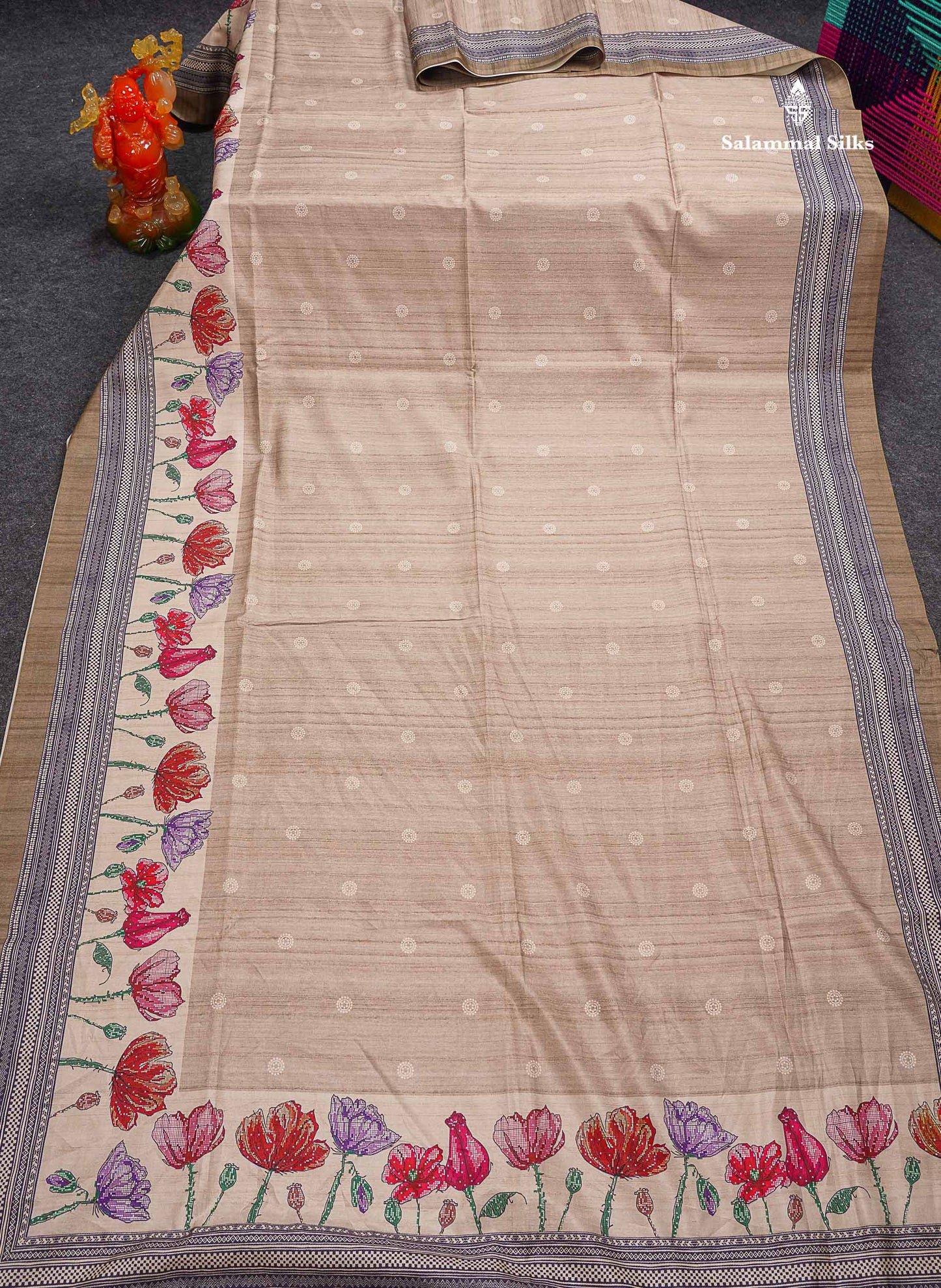 Beautiful Sandal Printed Semi Tussar Saree With Fancy Border