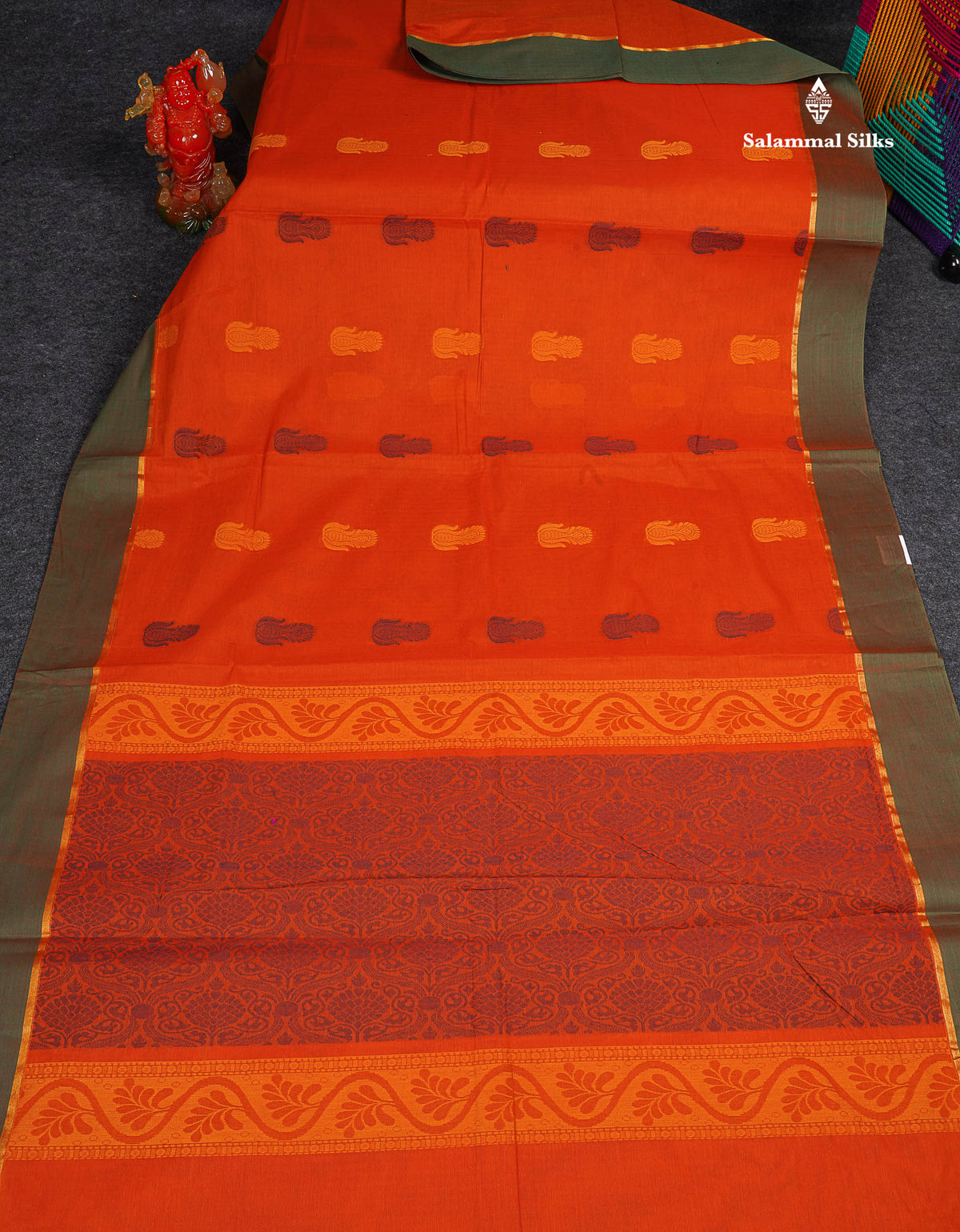 Pure Cotton Saree - Dual Tone Orange Colour Body Thread Work Butta With Dual Tone Green Plain Border 