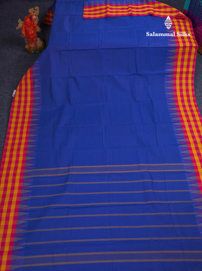 Beautiful Royal Blue Plain Pure Cotton Saree With Traditional Paalum Pazham Checks Border