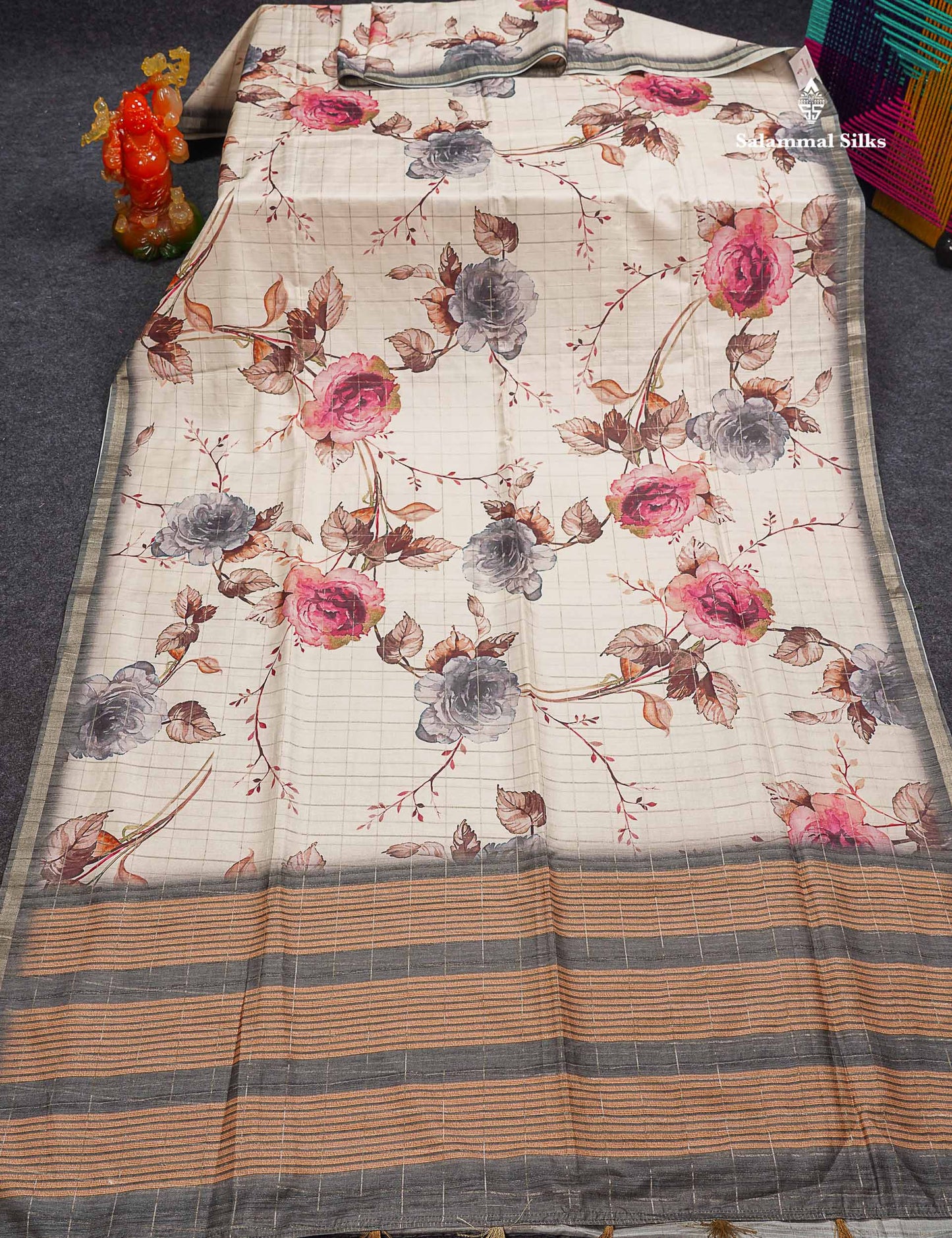 Beautiful Half White Checks With Floral Design Semi Tussar Saree With Contrast Maroon Blouse