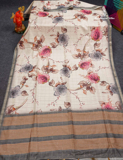 Beautiful Half White Checks With Floral Design Semi Tussar Saree With Contrast Maroon Blouse
