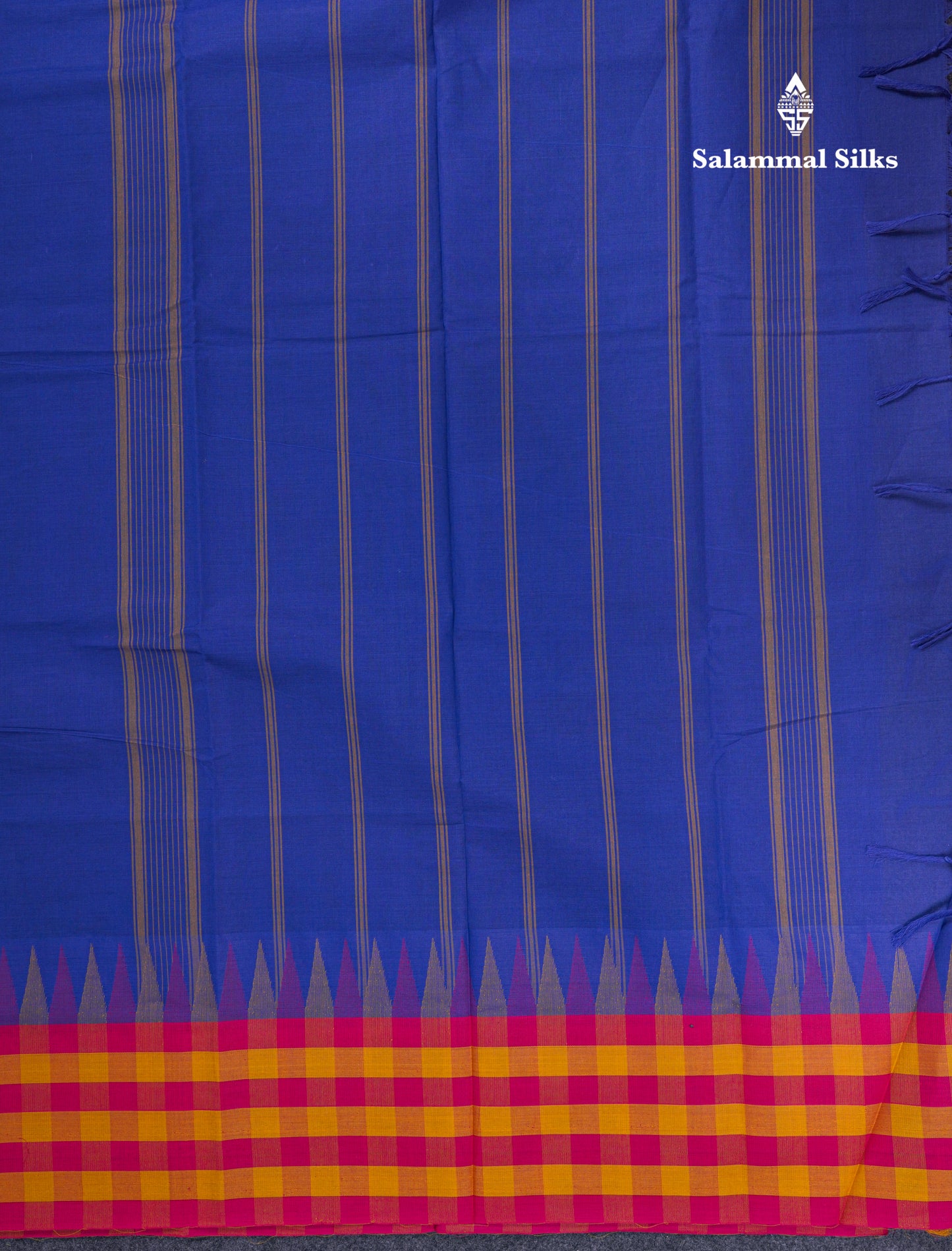 Beautiful Royal Blue Plain Pure Cotton Saree With Traditional Paalum Pazham Checks Border