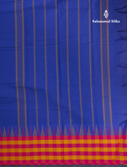 Beautiful Royal Blue Plain Pure Cotton Saree With Traditional Paalum Pazham Checks Border