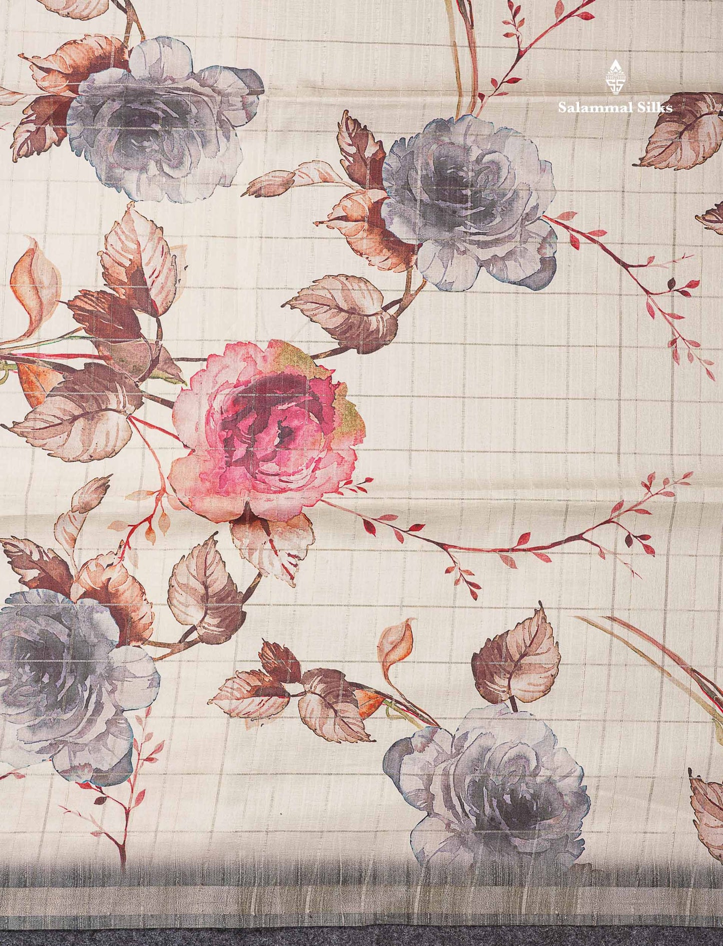 Beautiful Half White Checks With Floral Design Semi Tussar Saree With Contrast Maroon Blouse