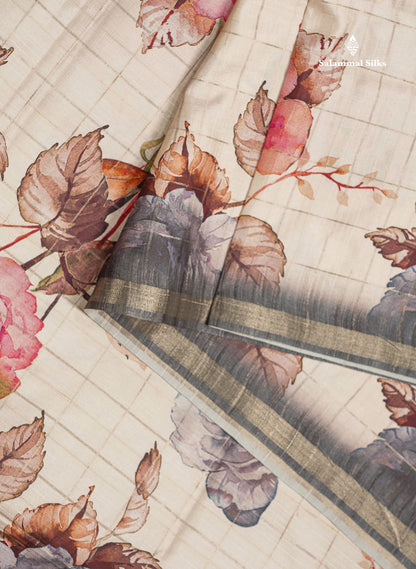 Beautiful Half White Checks With Floral Design Semi Tussar Saree With Contrast Maroon Blouse