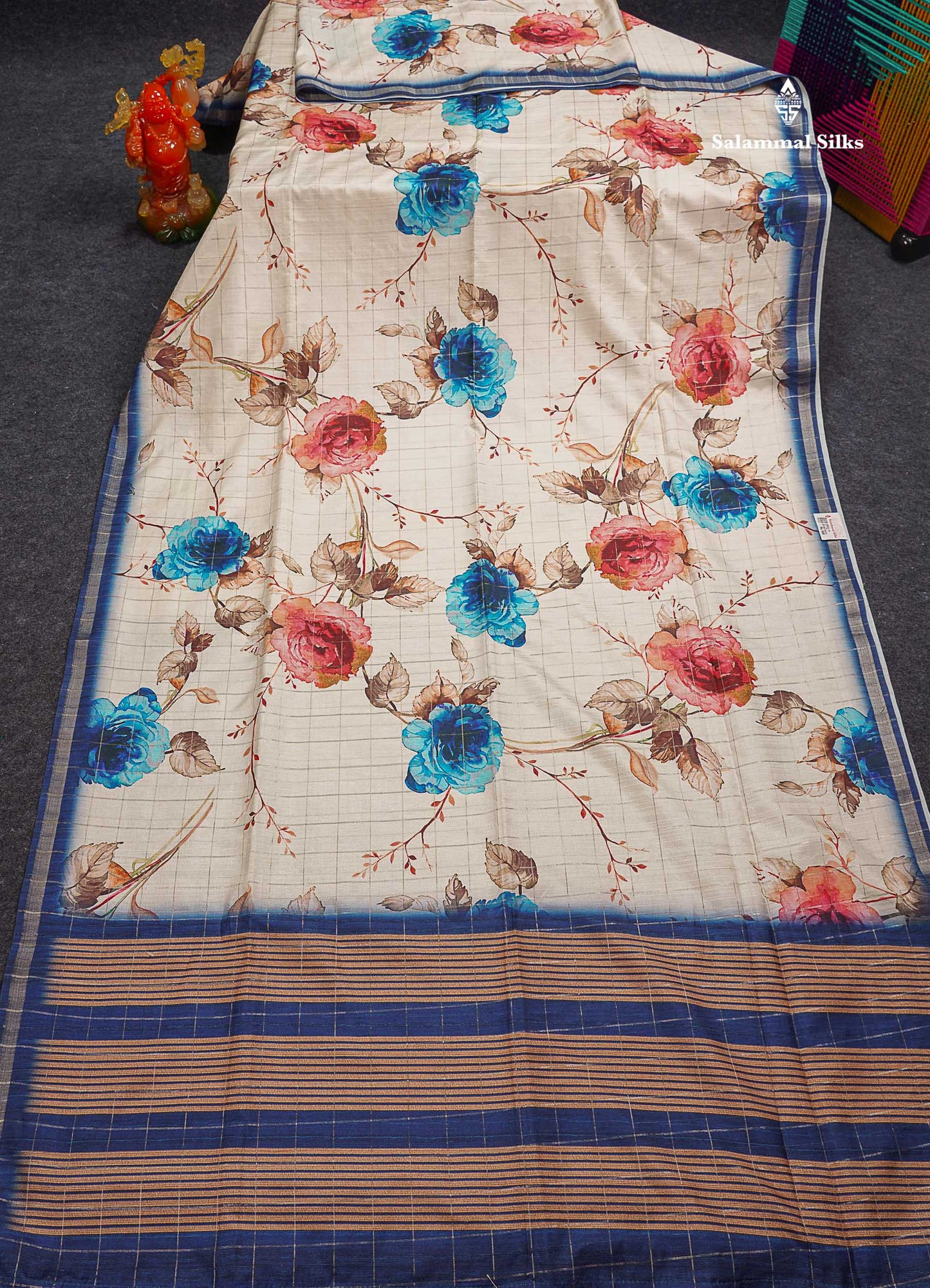 Beautiful Half White Checks With Floral Design Semi Tussar Saree With Contrast Maroon Blouse