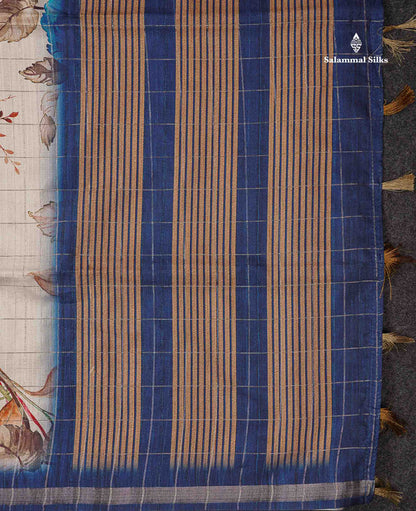 Beautiful Half White Checks With Floral Design Semi Tussar Saree With Contrast Maroon Blouse