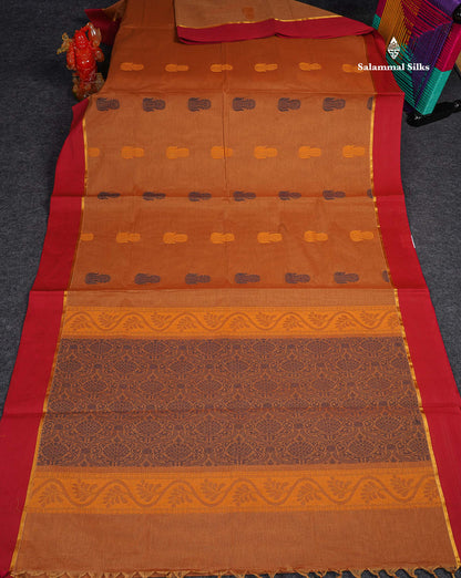 Pure Cotton Saree - Brown Colour Body Thread Work Butta With Maroon Plain Border 