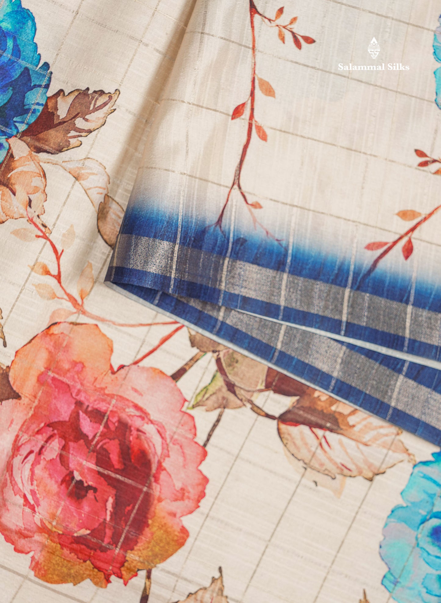 Beautiful Half White Checks With Floral Design Semi Tussar Saree With Contrast Maroon Blouse