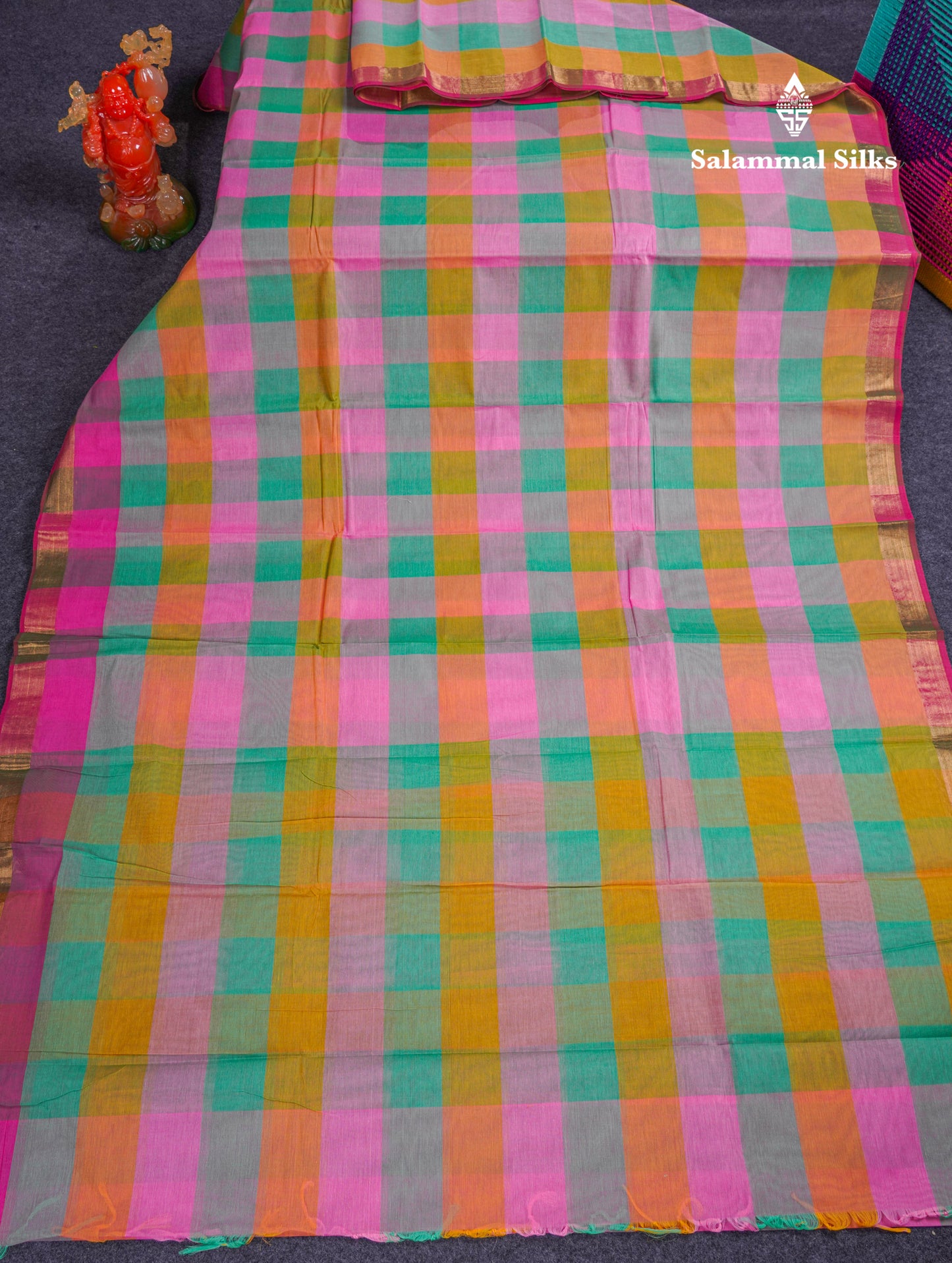 Beautiful Paalum Pazham Checks Pure Cotton Saree With Small Zari Border