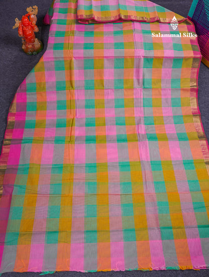 Beautiful Paalum Pazham Checks Pure Cotton Saree With Small Zari Border