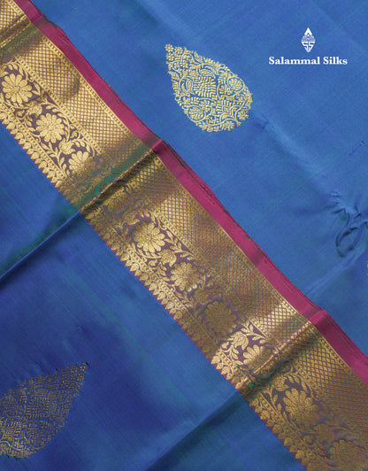 Dual Tone Peacock Blue Pure Kanjivaram Silk Saree With Contrast Dual Tone Magenta Evening Morning Border