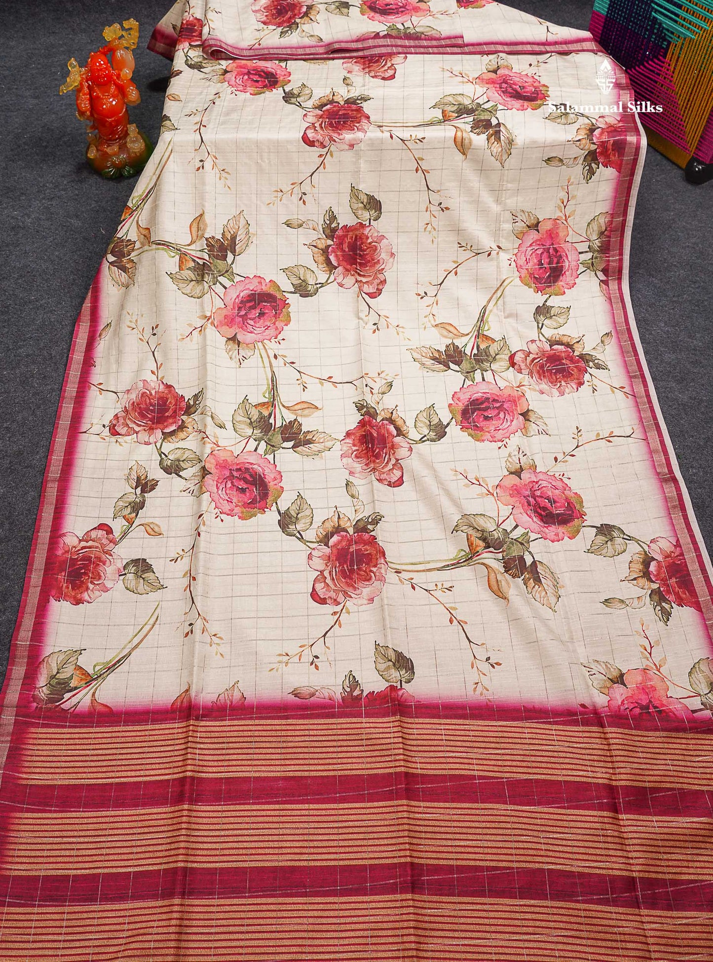 Beautiful Half White Checks With Floral Design Semi Tussar Saree With Contrast Maroon Blouse