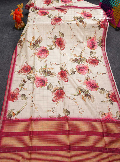 Beautiful Half White Checks With Floral Design Semi Tussar Saree With Contrast Maroon Blouse