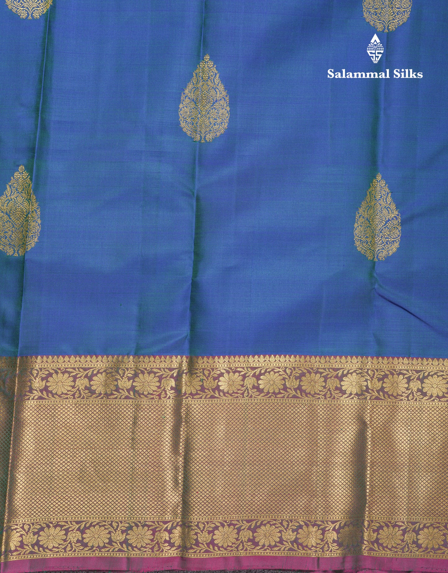 Dual Tone Peacock Blue Pure Kanjivaram Silk Saree With Contrast Dual Tone Magenta Evening Morning Border