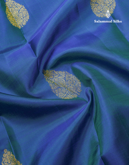 Dual Tone Peacock Blue Pure Kanjivaram Silk Saree With Contrast Dual Tone Magenta Evening Morning Border