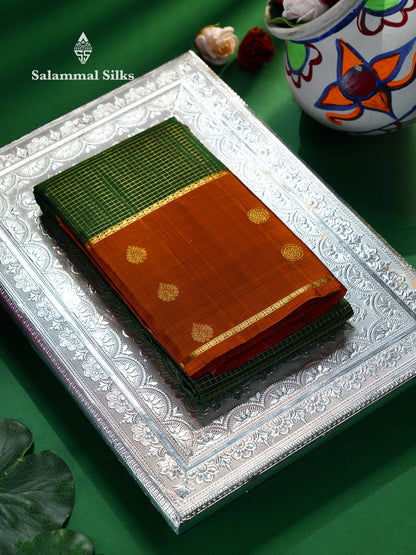 Beautiful Bottle Green Small Zari Checks Pure Kanjivaram Silk Saree With Contrast Dual Tone Brown Traditional Border