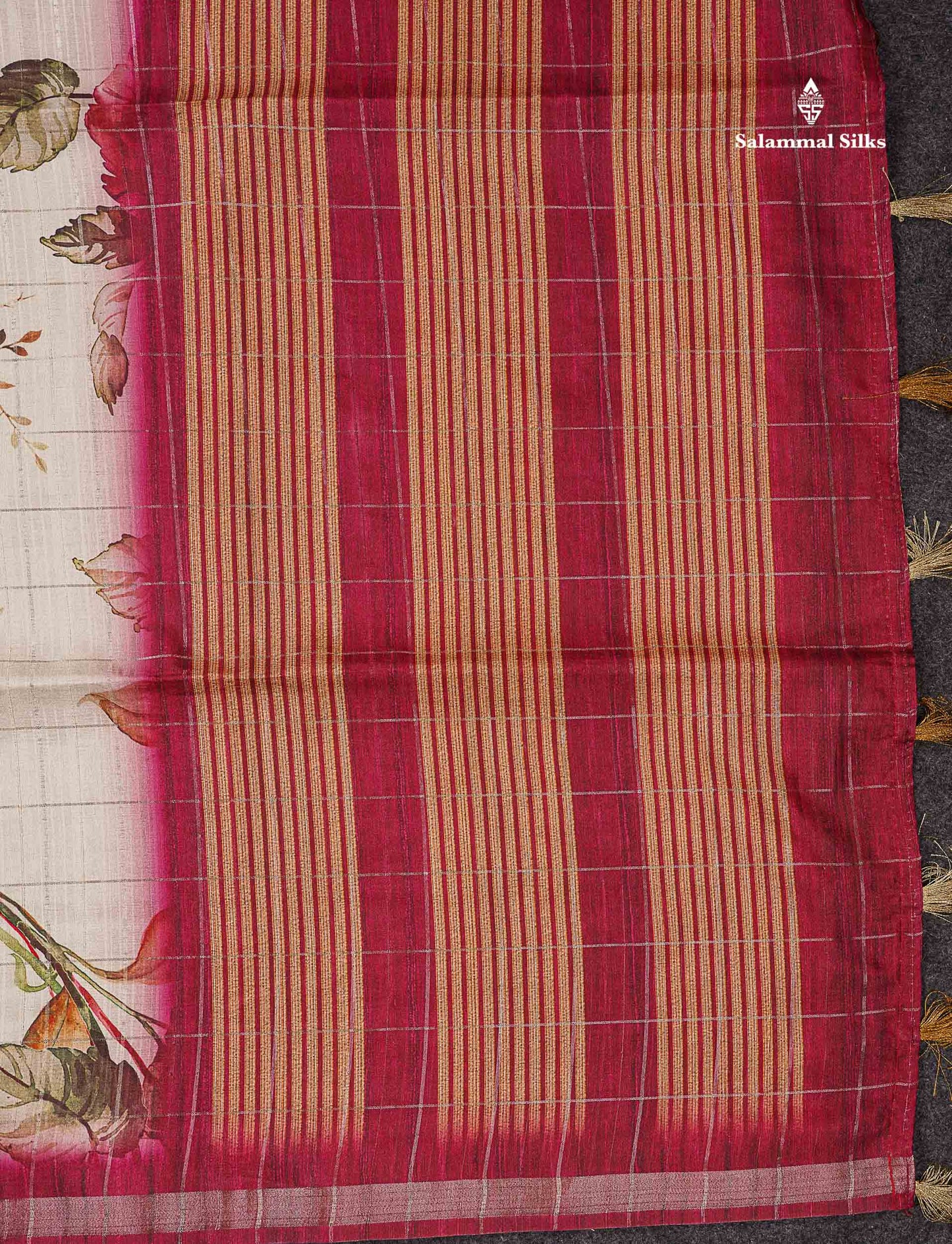 Beautiful Half White Checks With Floral Design Semi Tussar Saree With Contrast Maroon Blouse