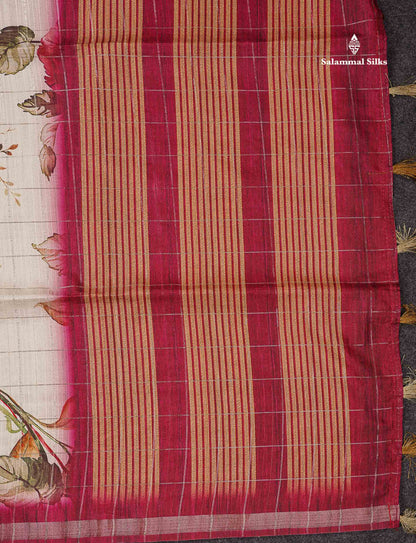 Beautiful Half White Checks With Floral Design Semi Tussar Saree With Contrast Maroon Blouse