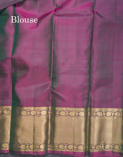 Dual Tone Peacock Blue Pure Kanjivaram Silk Saree With Contrast Dual Tone Magenta Evening Morning Border