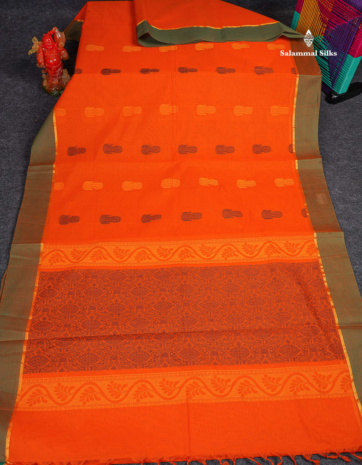 Pure Cotton Saree - Orange Colour Body Thread Work Butta With Dual Tone Green Plain Border 