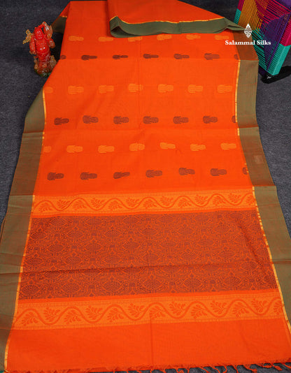Pure Cotton Saree - Orange Colour Body Thread Work Butta With Dual Tone Green Plain Border 