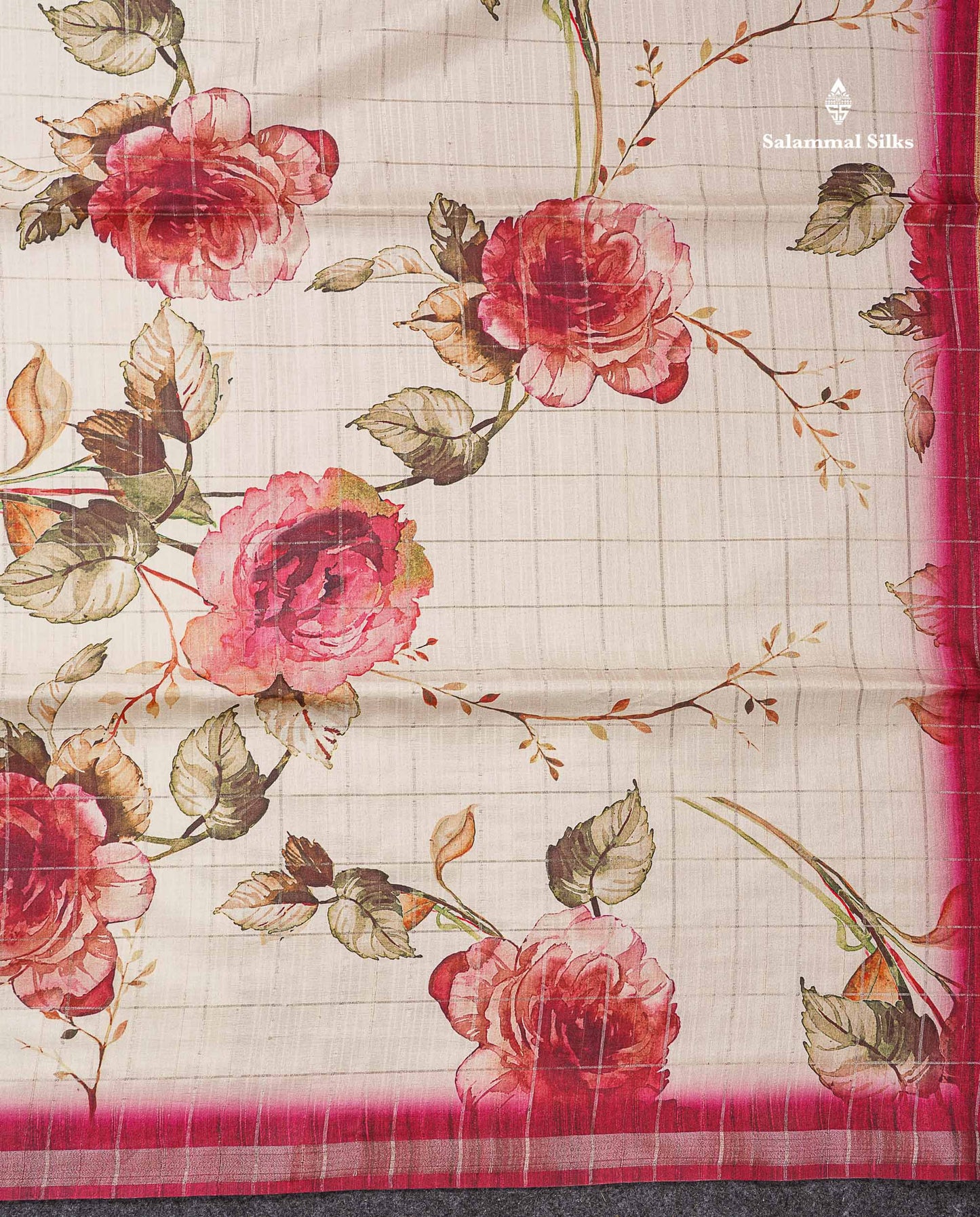 Beautiful Half White Checks With Floral Design Semi Tussar Saree With Contrast Maroon Blouse