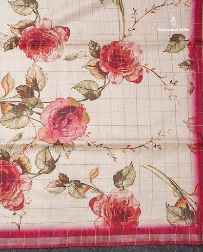 Beautiful Half White Checks With Floral Design Semi Tussar Saree With Contrast Maroon Blouse